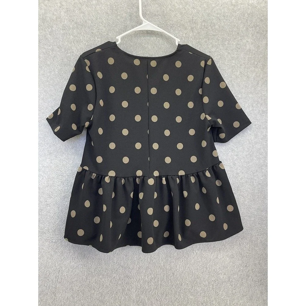 ZARA Women's Blouse Short Sleeve Polka Dot Peplum Black Brown Size Medium - Picture 2 of 8